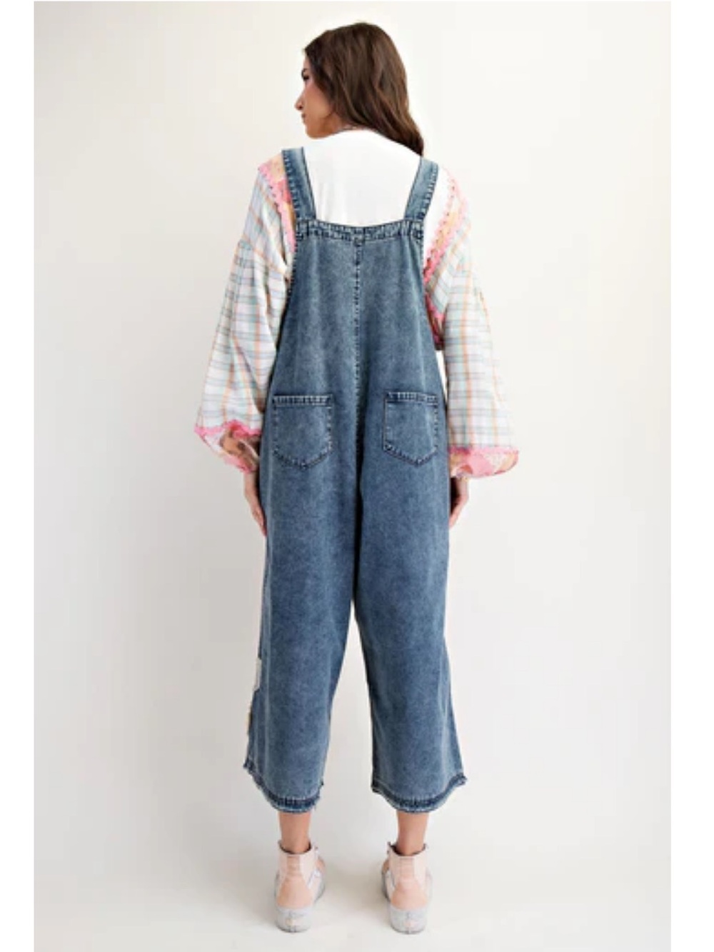 New:Easel Mixed Patchwork Flower Appliqué Boho Wide Leg Denim Jumper Overalls• M - Picture 6 of 7